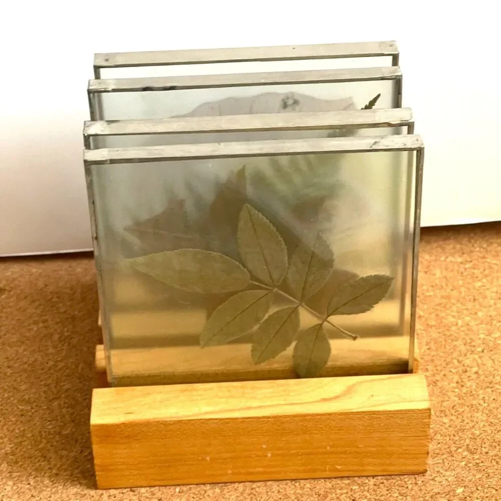 Mill Hill Silver & Pressed Leaves Boho Leaded Glass Coasters set of 4 Wood Stand